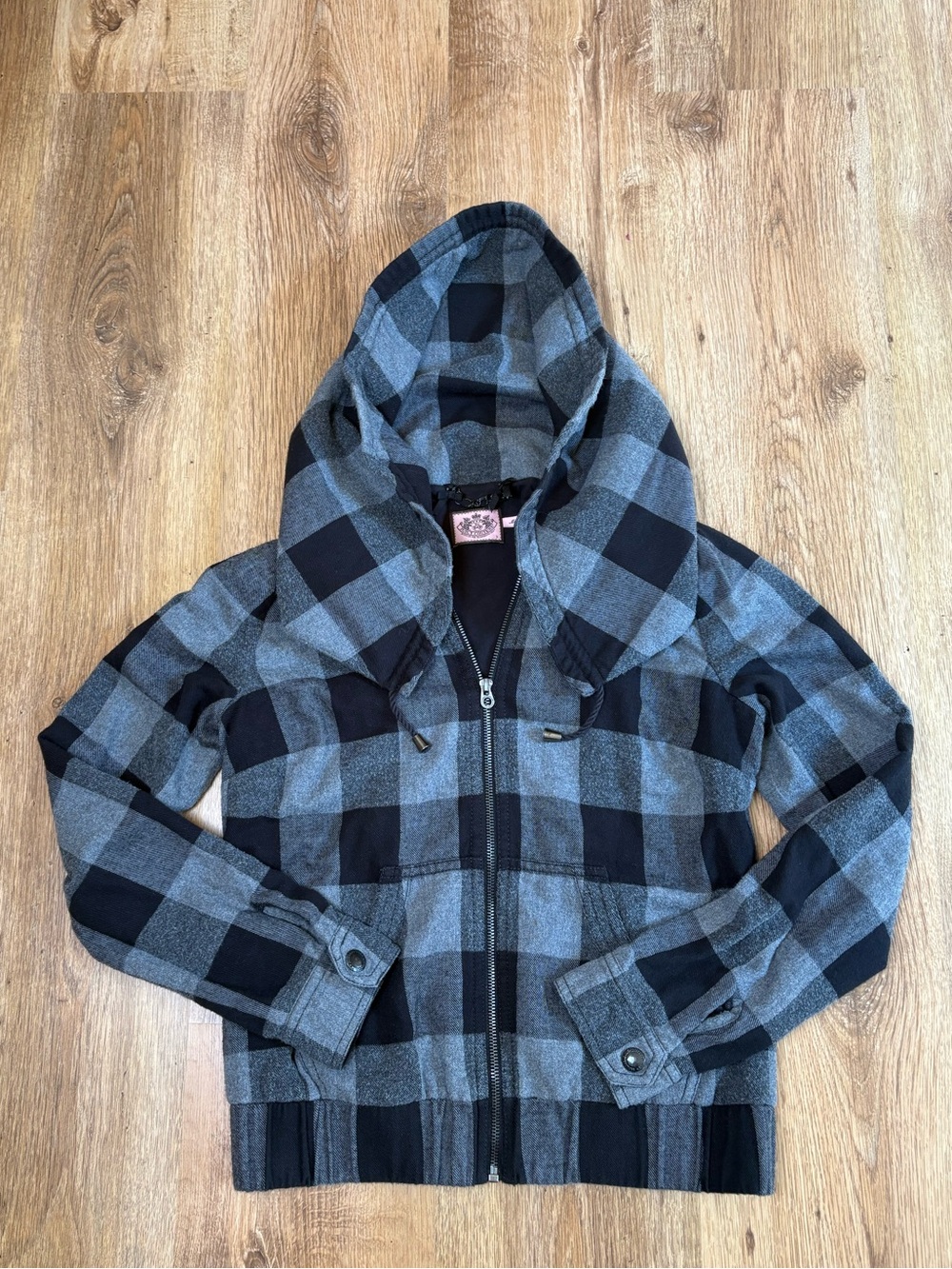 Juicy Couture Girls Hooded Plaid zip up Black & Gray